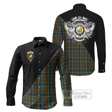 McTavish Hunting Tartan Long Sleeve Button Shirt with Family Crest and Military Logo Style Men's Shirt S - Tartanvibesclothing Shop