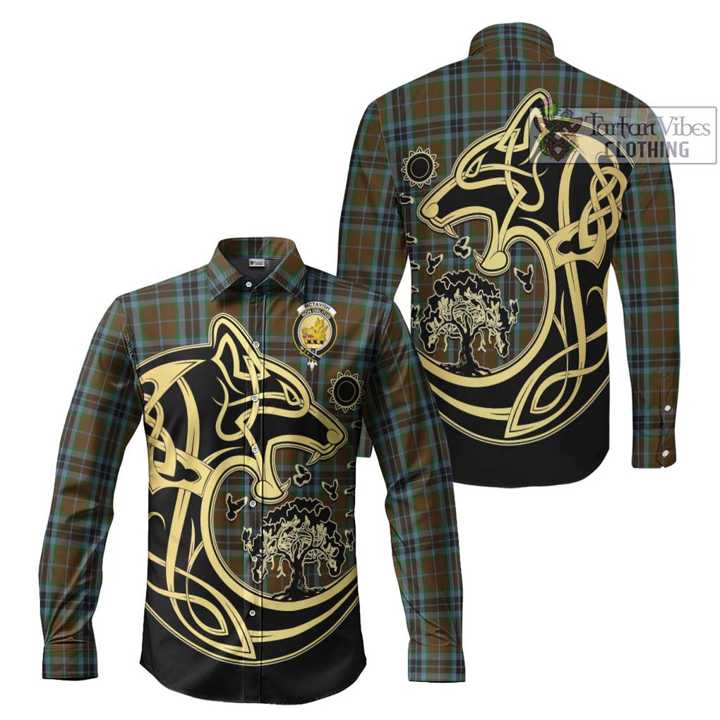 McTavish Hunting Tartan Long Sleeve Button Shirt with Family Crest Celtic Wolf Style Men's Shirt S - Tartan Vibes Clothing