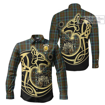 McTavish Hunting Tartan Long Sleeve Button Shirt with Family Crest Celtic Wolf Style Men's Shirt S - Tartan Vibes Clothing