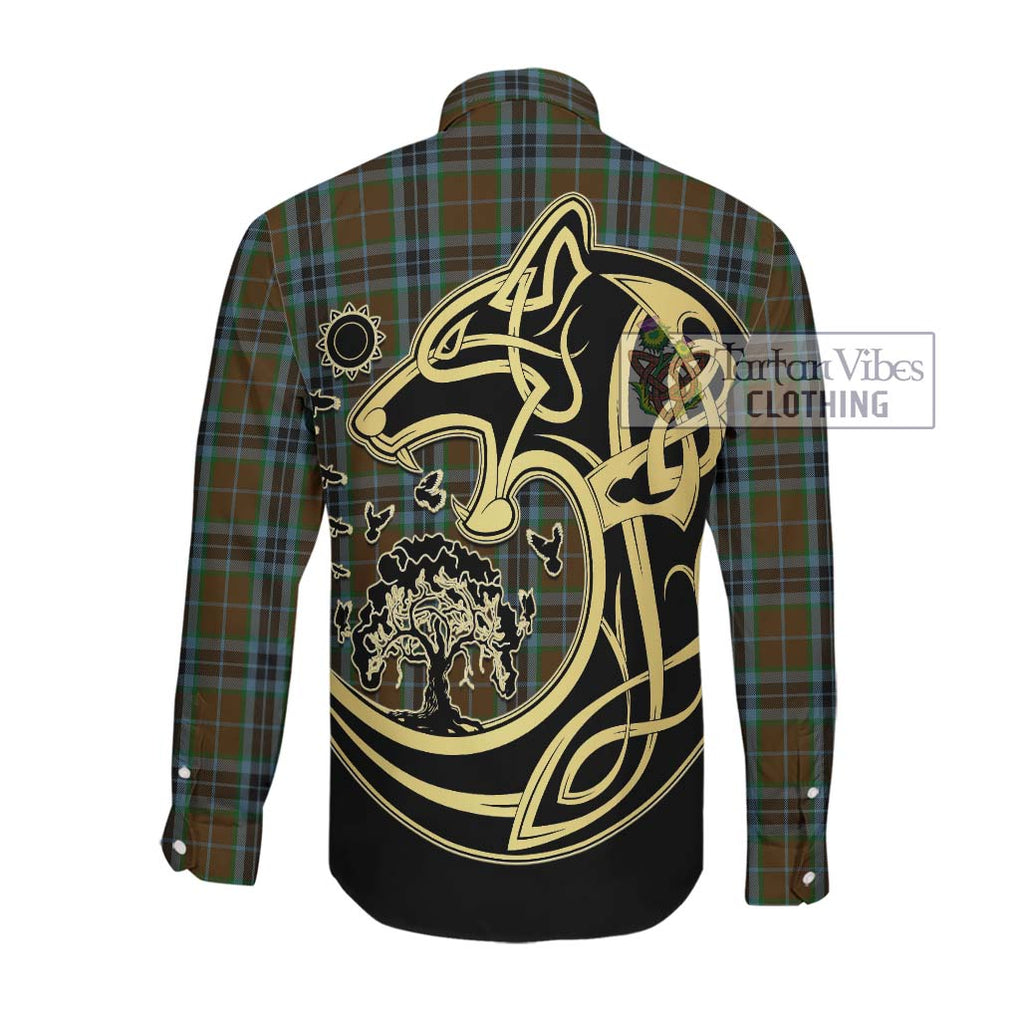 McTavish Hunting Tartan Long Sleeve Button Shirt with Family Crest Celtic Wolf Style Men's Shirt - Tartan Vibes Clothing