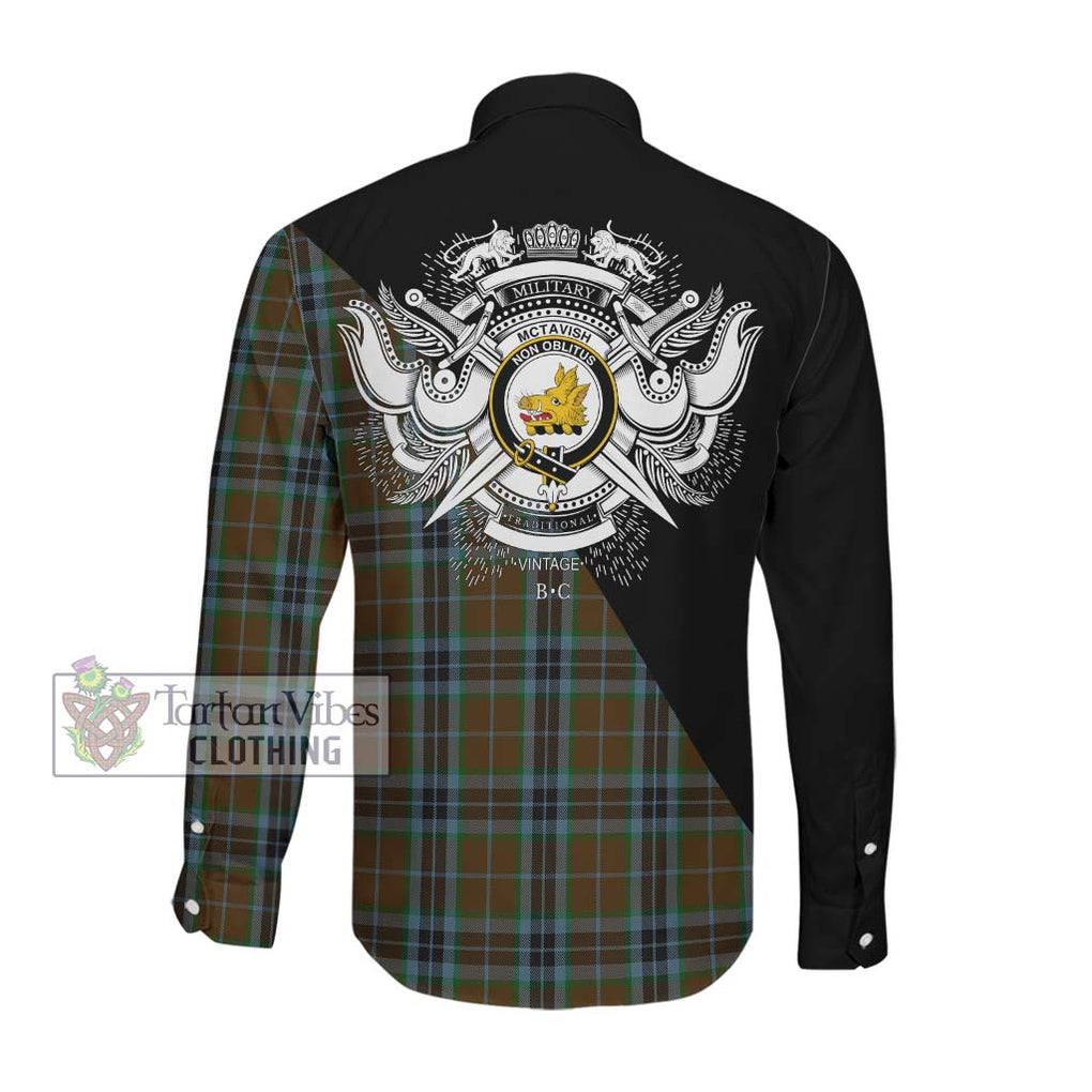 McTavish Hunting Tartan Long Sleeve Button Shirt with Family Crest and Military Logo Style Men's Shirt - Tartanvibesclothing Shop
