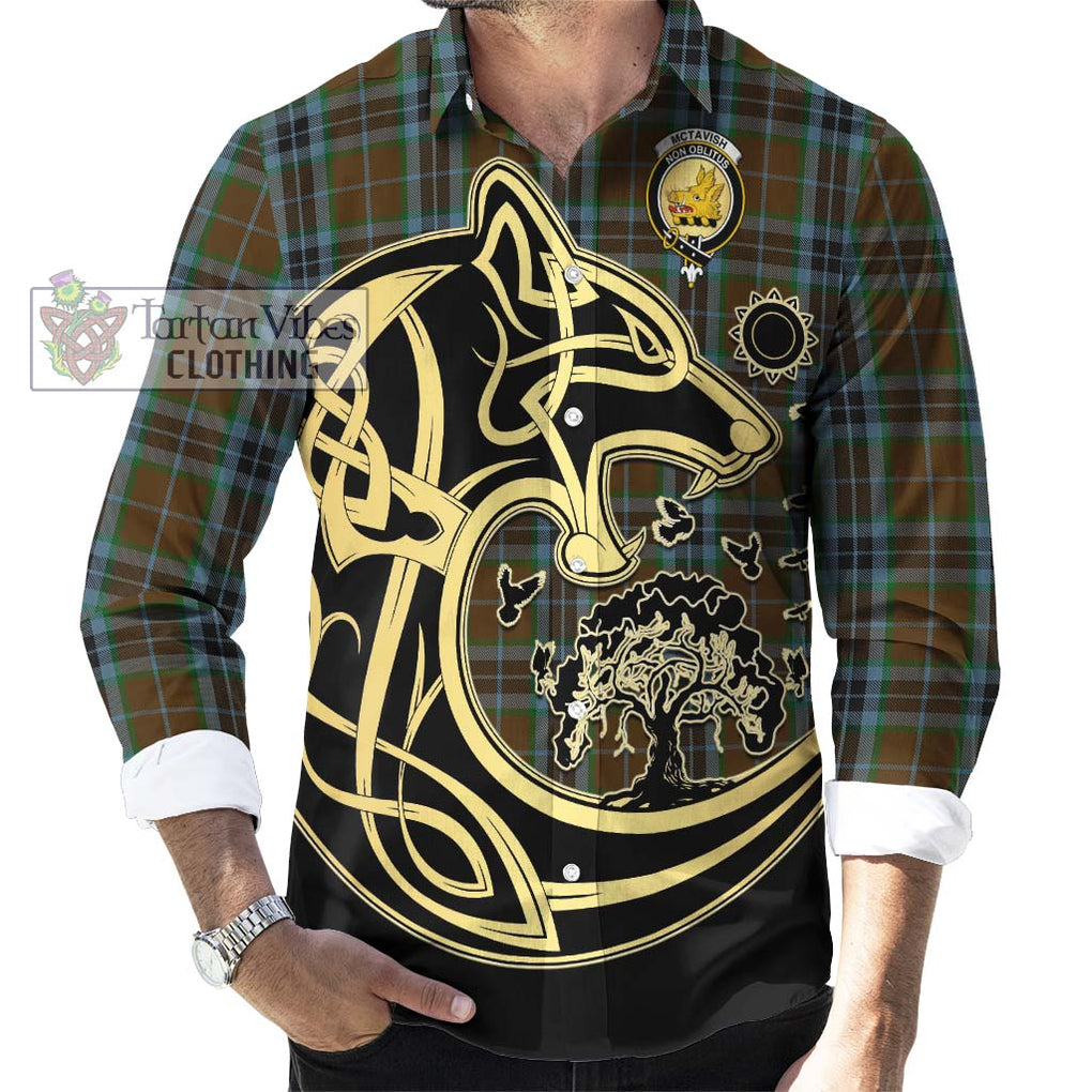 McTavish Hunting Tartan Long Sleeve Button Shirt with Family Crest Celtic Wolf Style - Tartan Vibes Clothing