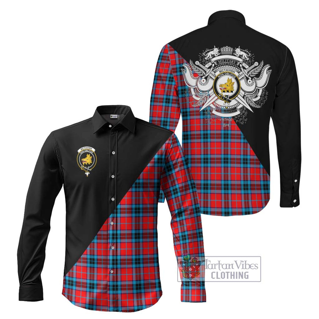 McTavish Modern Tartan Long Sleeve Button Shirt with Family Crest and Military Logo Style Men's Shirt S - Tartanvibesclothing Shop