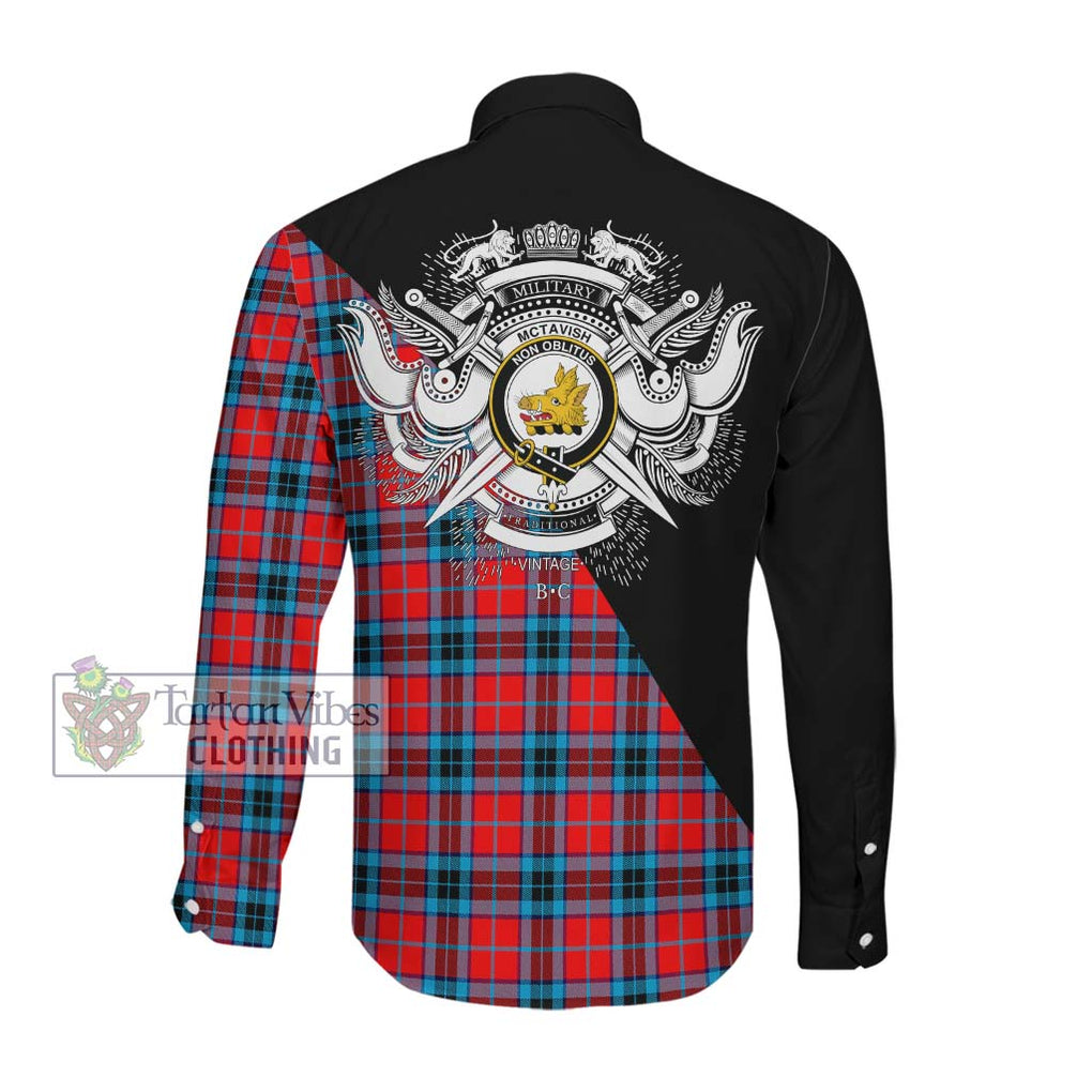 McTavish Modern Tartan Long Sleeve Button Shirt with Family Crest and Military Logo Style Men's Shirt - Tartanvibesclothing Shop