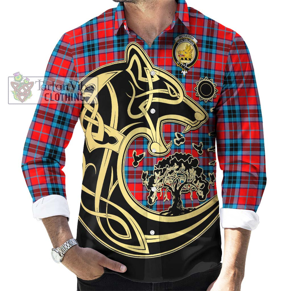McTavish Modern Tartan Long Sleeve Button Shirt with Family Crest Celtic Wolf Style - Tartan Vibes Clothing