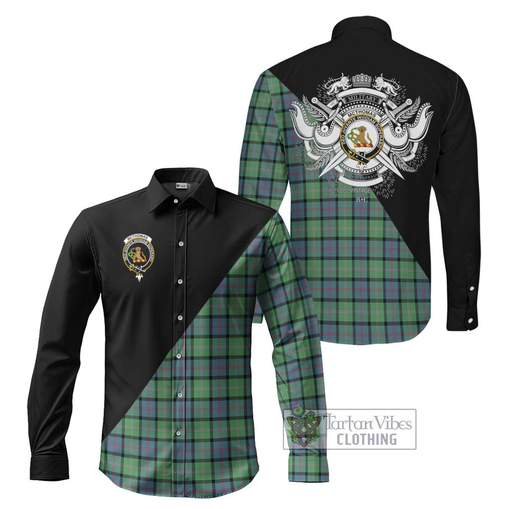 McThomas Ancient Tartan Long Sleeve Button Shirt with Family Crest and Military Logo Style Men's Shirt S - Tartanvibesclothing Shop