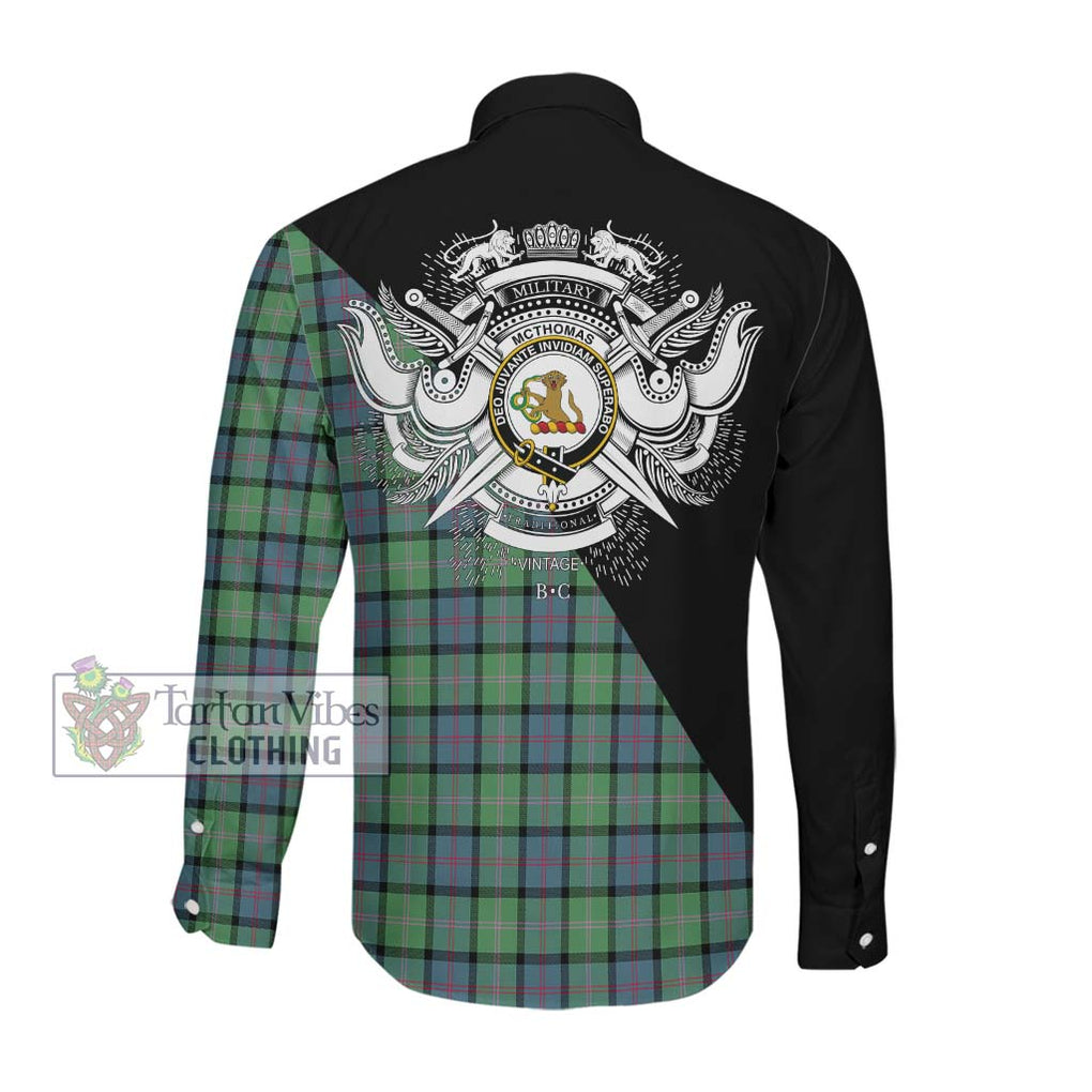 McThomas Ancient Tartan Long Sleeve Button Shirt with Family Crest and Military Logo Style Men's Shirt - Tartanvibesclothing Shop