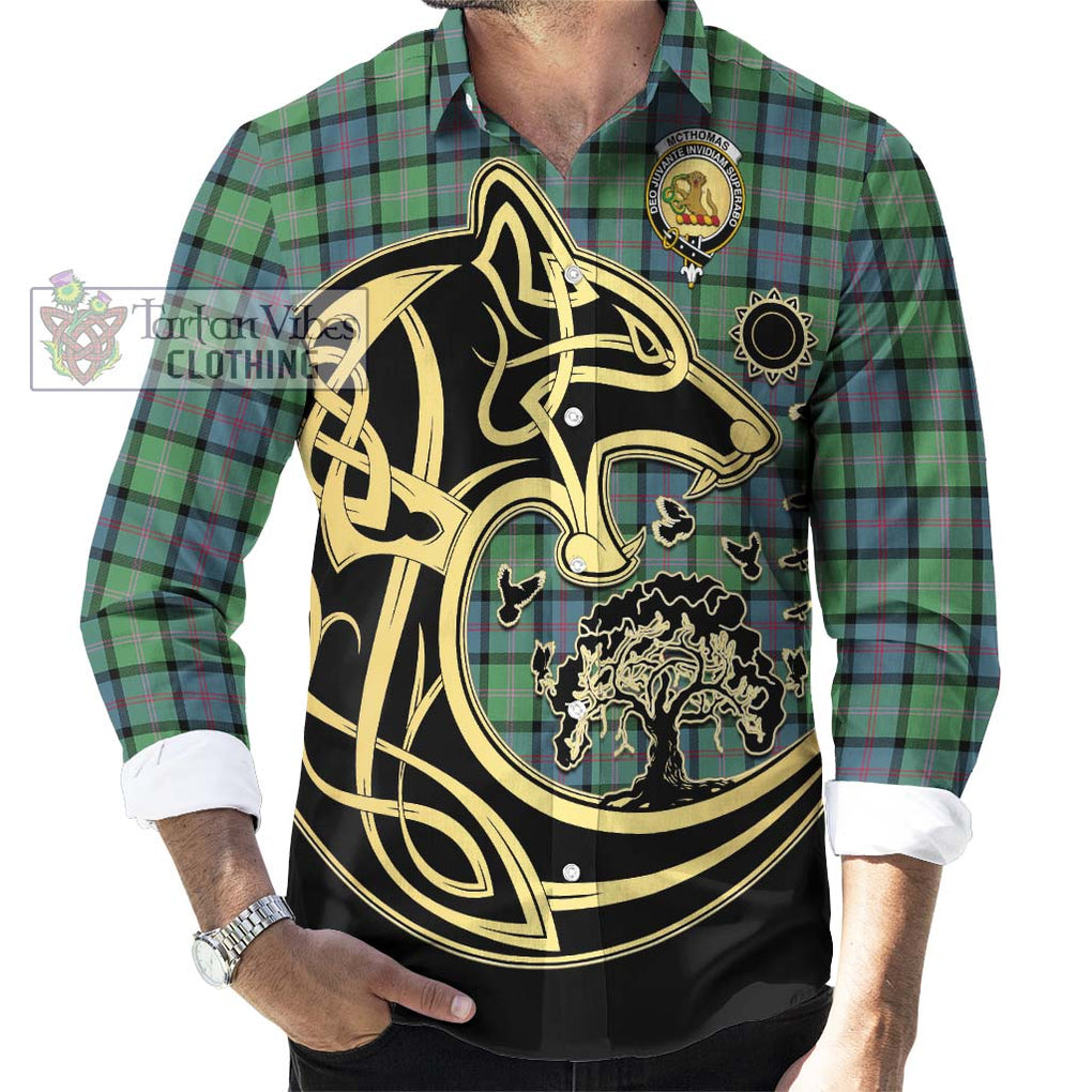 McThomas Ancient Tartan Long Sleeve Button Shirt with Family Crest Celtic Wolf Style - Tartan Vibes Clothing