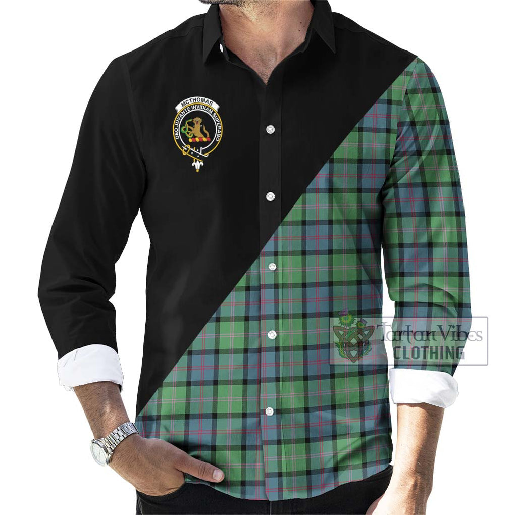McThomas Ancient Tartan Long Sleeve Button Shirt with Family Crest and Military Logo Style - Tartanvibesclothing Shop