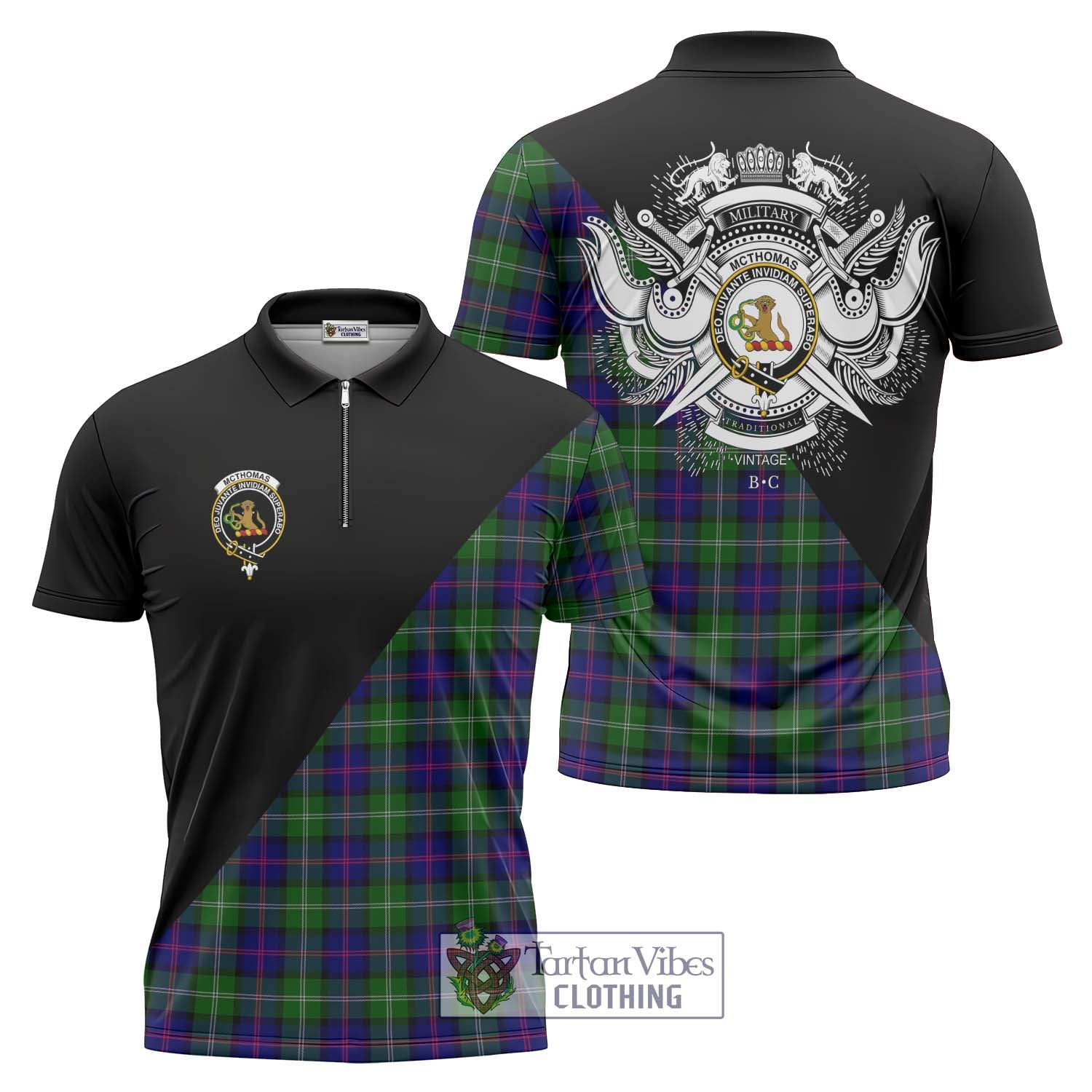 McThomas Modern Tartan Zipper Polo Shirt with Family Crest and Military Logo Style Unisex - Tartanvibesclothing Shop