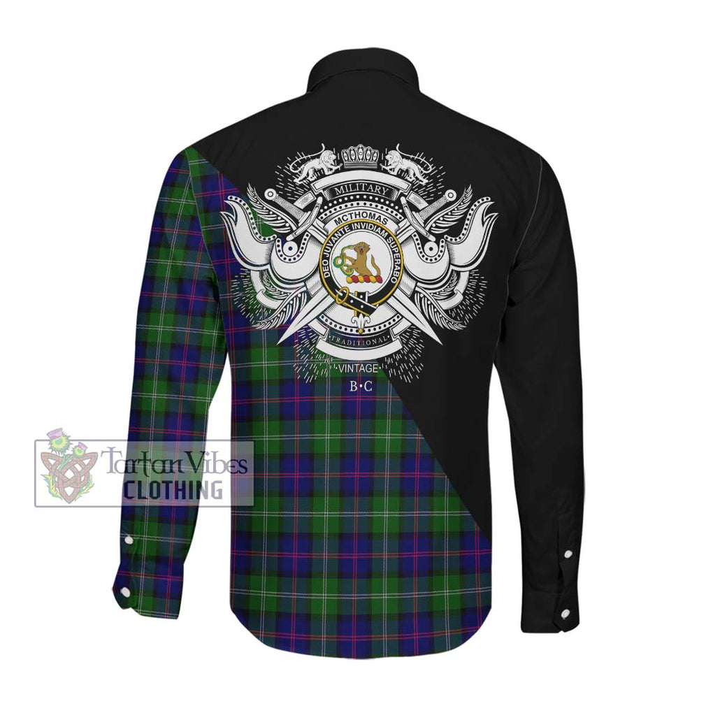 McThomas Modern Tartan Long Sleeve Button Shirt with Family Crest and Military Logo Style Men's Shirt - Tartanvibesclothing Shop