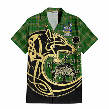Tartan Vibes Clothing McVeagh Irish Tartan Short Sleeve Button Shirt with Coat of Arms Celtic Wolf Style