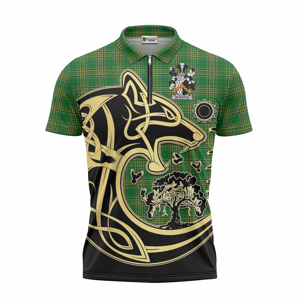 Tartan Vibes Clothing McWorth Irish Tartan Zipper Polo Shirt with Coat of Arms Celtic Wolf Style