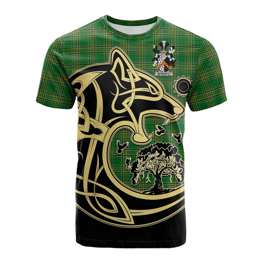 Tartan Vibes Clothing McWorth Irish Tartan Cotton T-shirt with Coat of Arms Celtic Wolf Style
