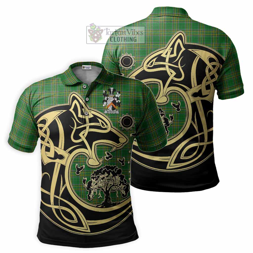 Tartan Vibes Clothing McWorth Irish Tartan Polo Shirt with Coat of Arms Celtic Wolf Style