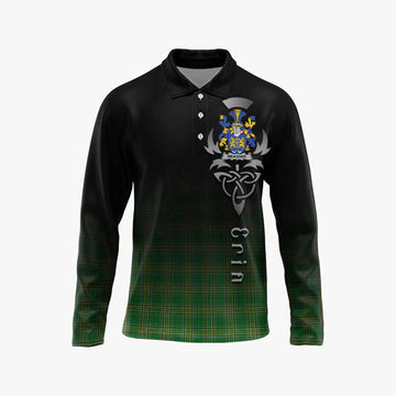 Tartan Vibes Clothing Meagher Irish Clan Long Sleeve Polo Shirt with Coat of Arms Erin Go Bragh Celtic Inspired