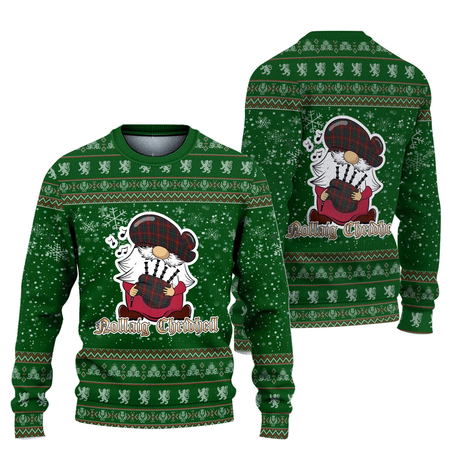 Meath County Ireland Clan Christmas Family Knitted Sweater with Funny Gnome Playing Bagpipes Unisex Green - Tartanvibesclothing