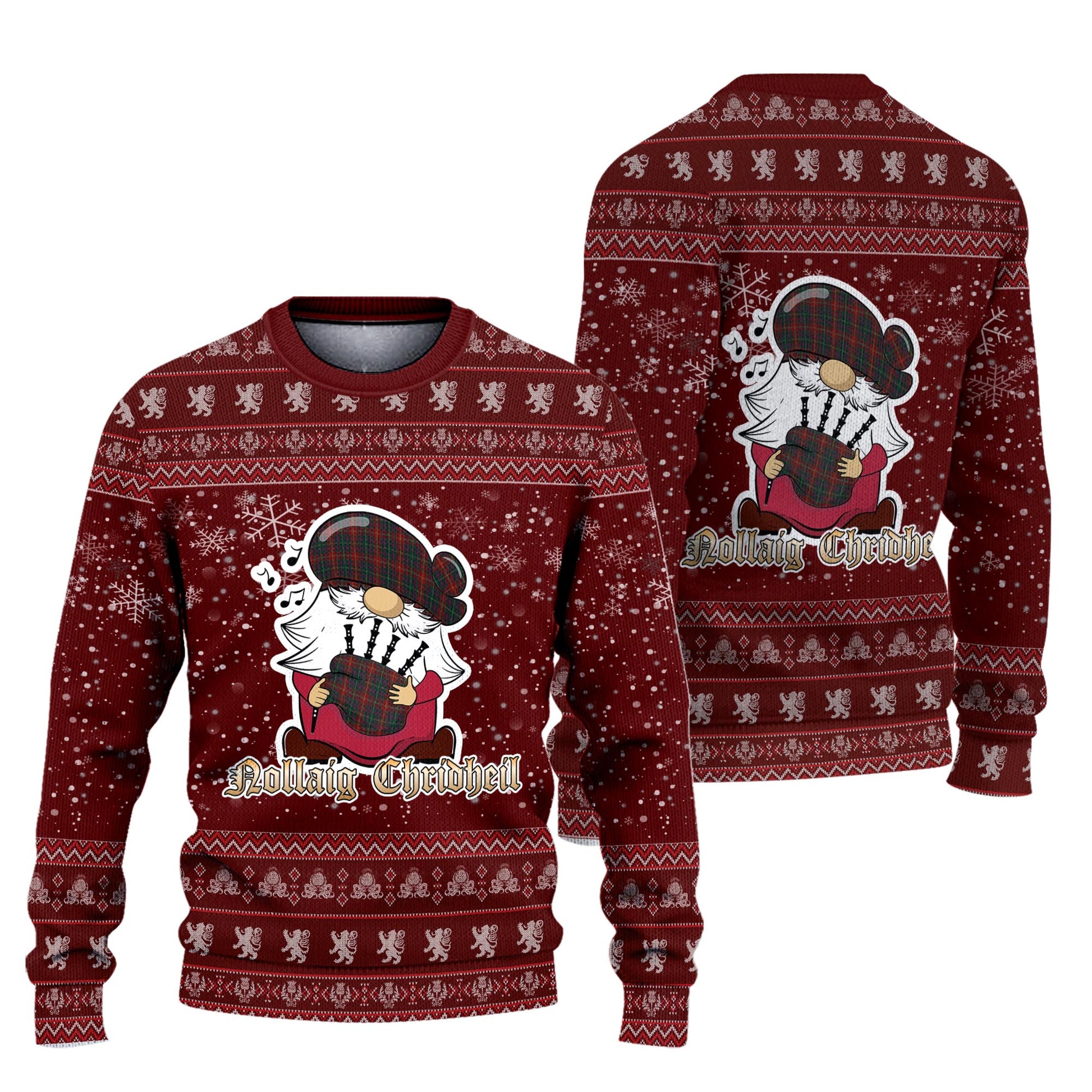 Meath County Ireland Clan Christmas Family Knitted Sweater with Funny Gnome Playing Bagpipes Unisex Red - Tartanvibesclothing