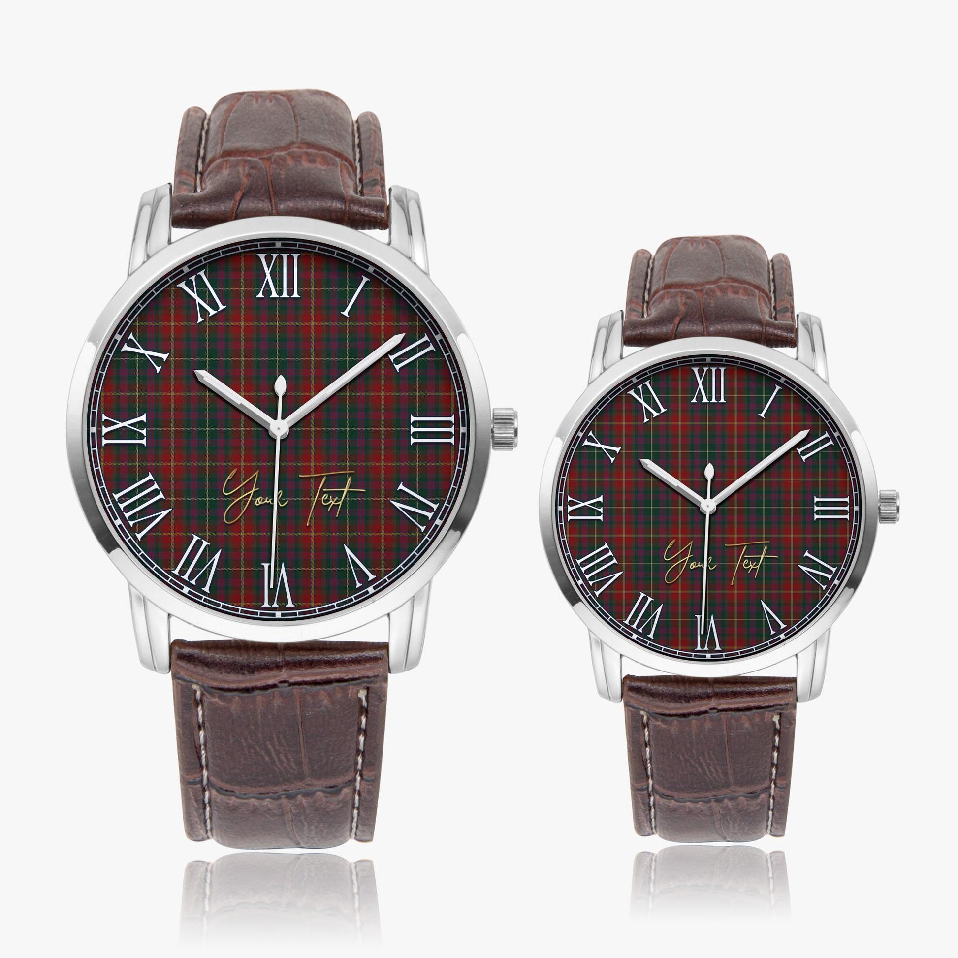 Meath County Ireland Tartan Personalized Your Text Leather Trap Quartz Watch Wide Type Silver Case With Brown Leather Strap - Tartanvibesclothing