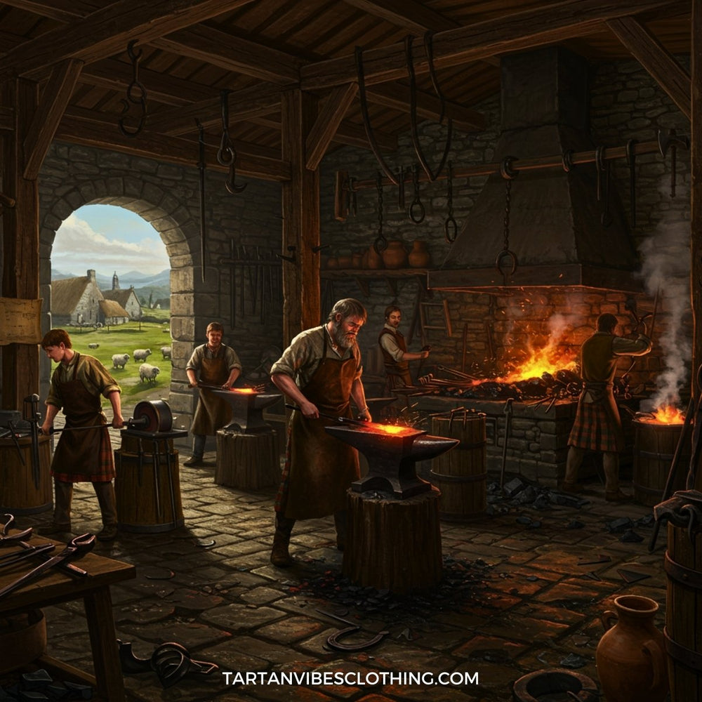 Medieval Scottish smithy with blacksmiths at work, representing Clan Smith origins and trades