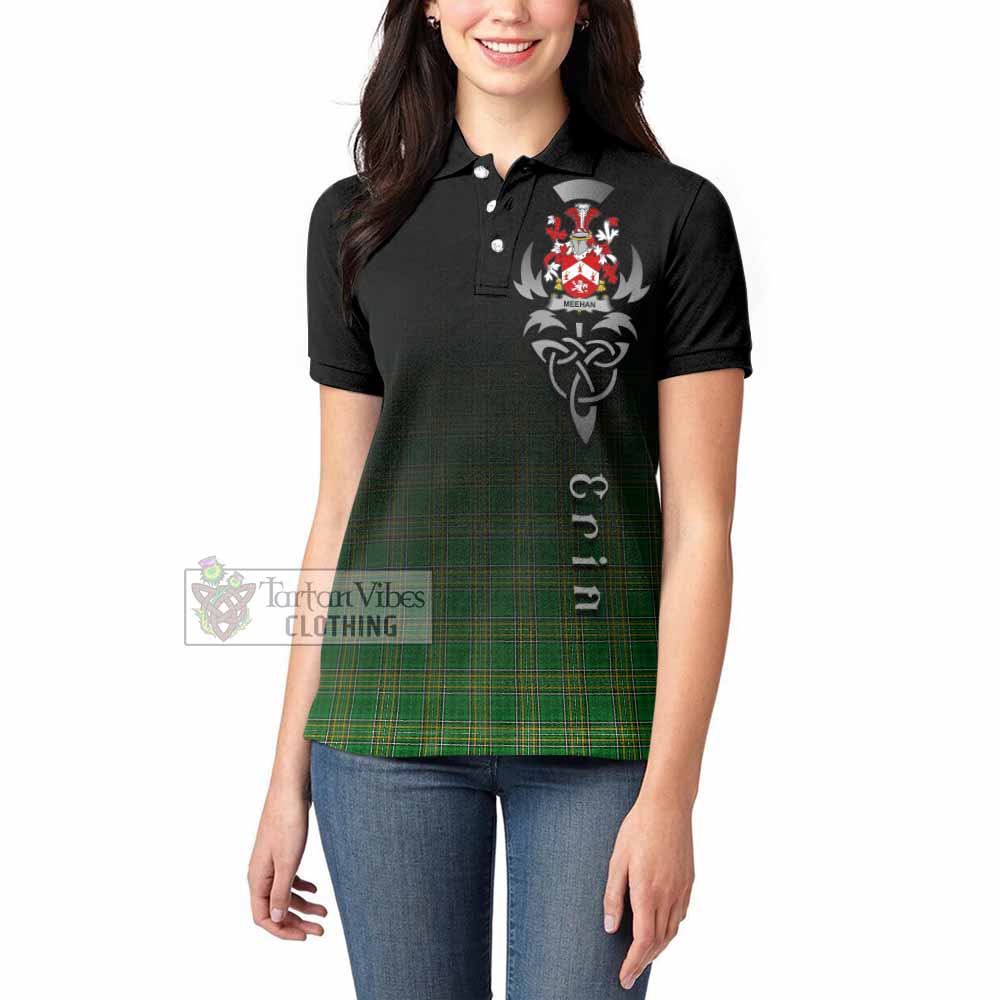 Tartan Vibes Clothing Meehan Irish Clan Women's Polo Shirt with Coat of Arms Erin Go Bragh Celtic Inspired