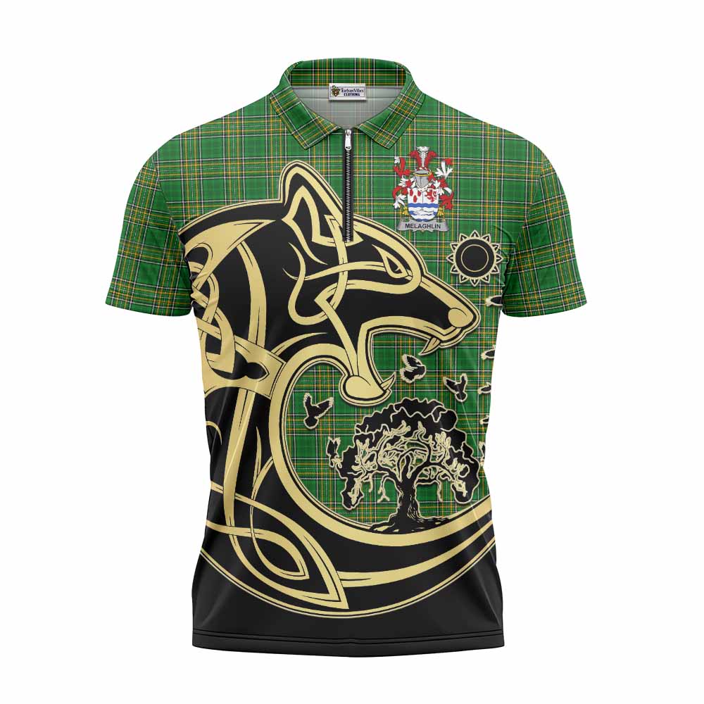 Tartan Vibes Clothing Melaghlin Irish Tartan Zipper Polo Shirt with Coat of Arms Celtic Wolf Style