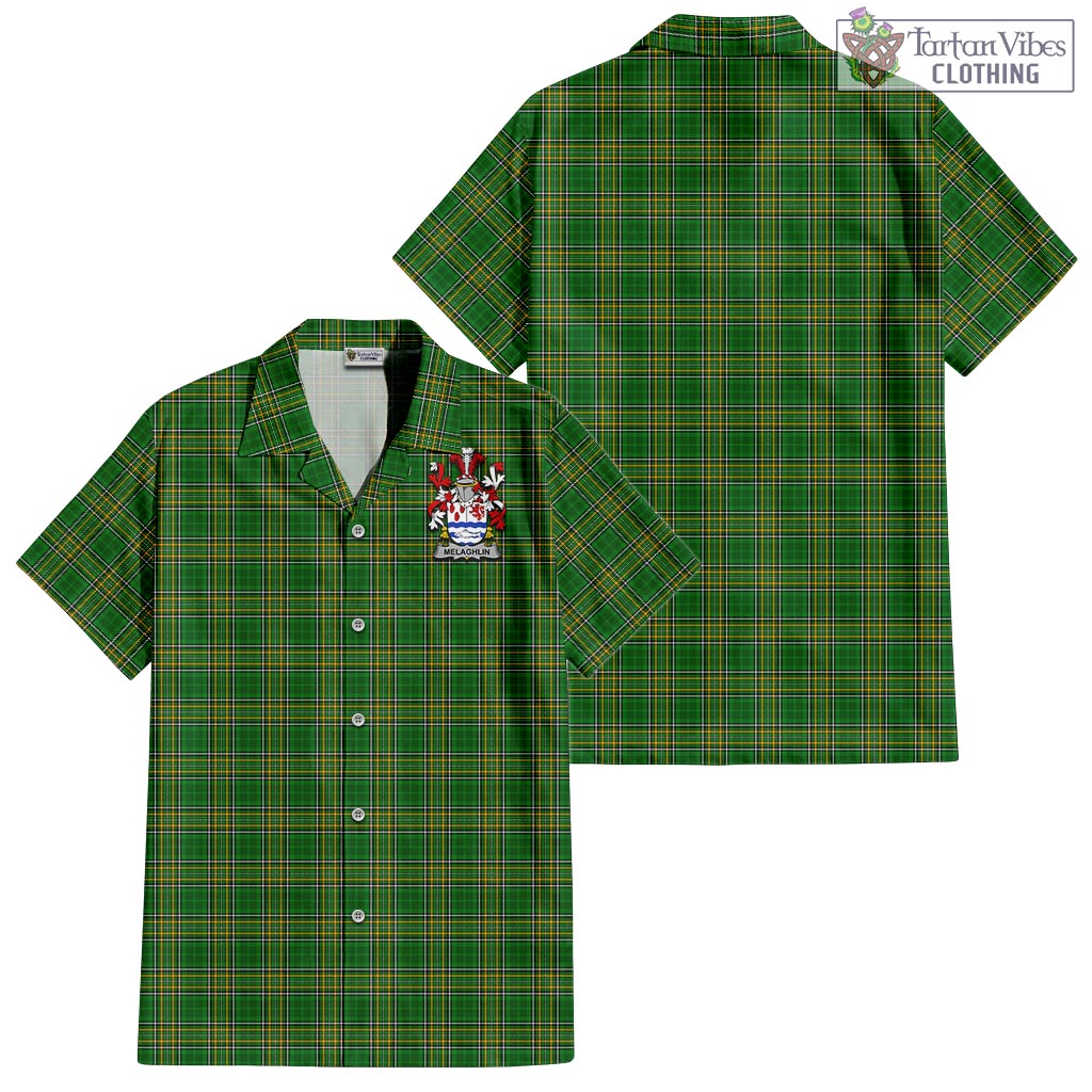 Tartan Vibes Clothing Melaghlin Ireland Clan Tartan Short Sleeve Button Up with Coat of Arms