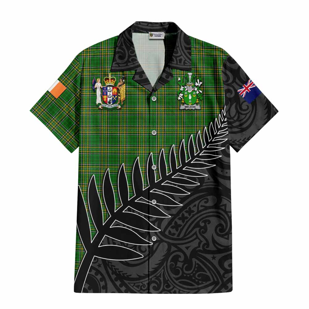 Tartan Vibes Clothing Meldon Irish Clan Tartan Short Sleeve Button Shirt with Coat of Arms New Zealand Silver Fern Half Style