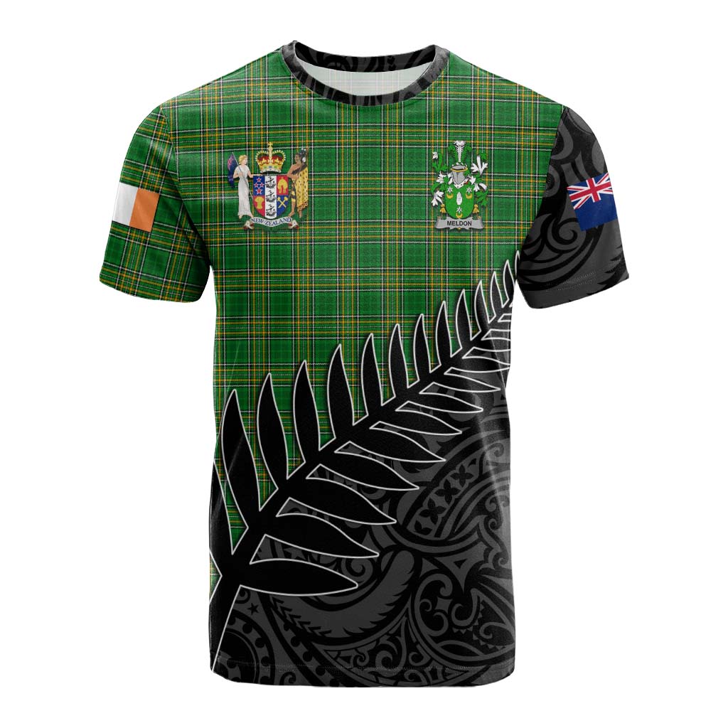 Tartan Vibes Clothing Meldon Irish Clan Tartan Cotton T-shirt with Coat of Arms New Zealand Silver Fern Half Style