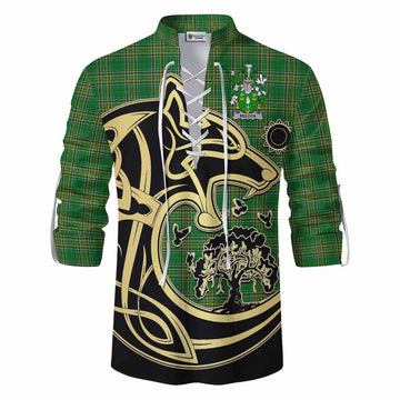 Tartan Vibes Clothing Meldon Irish Tartan Ghillie Kilt Shirt with Coat of Arms Celtic Wolf Style