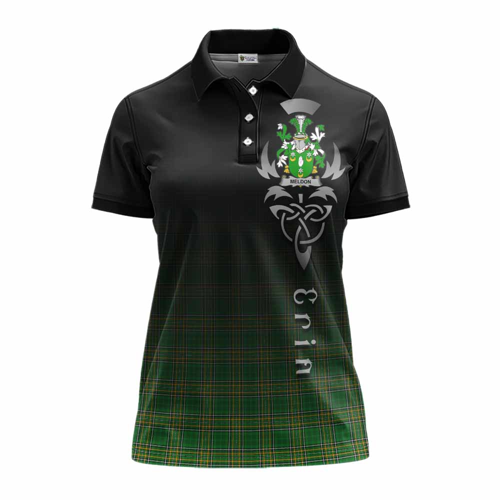 Tartan Vibes Clothing Meldon Irish Clan Women's Polo Shirt with Coat of Arms Erin Go Bragh Celtic Inspired