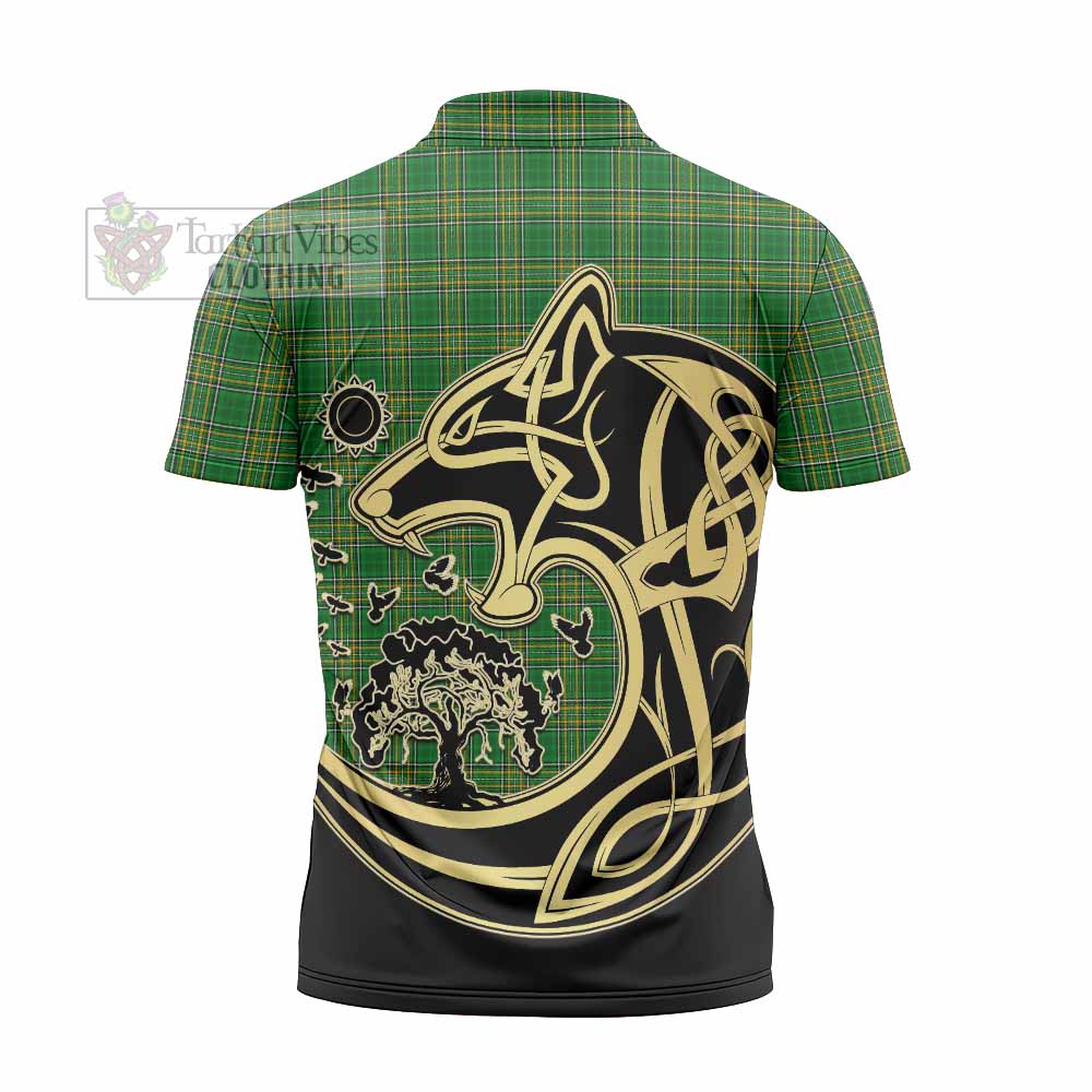 Tartan Vibes Clothing Meldon Irish Tartan Zipper Polo Shirt with Coat of Arms Celtic Wolf Style