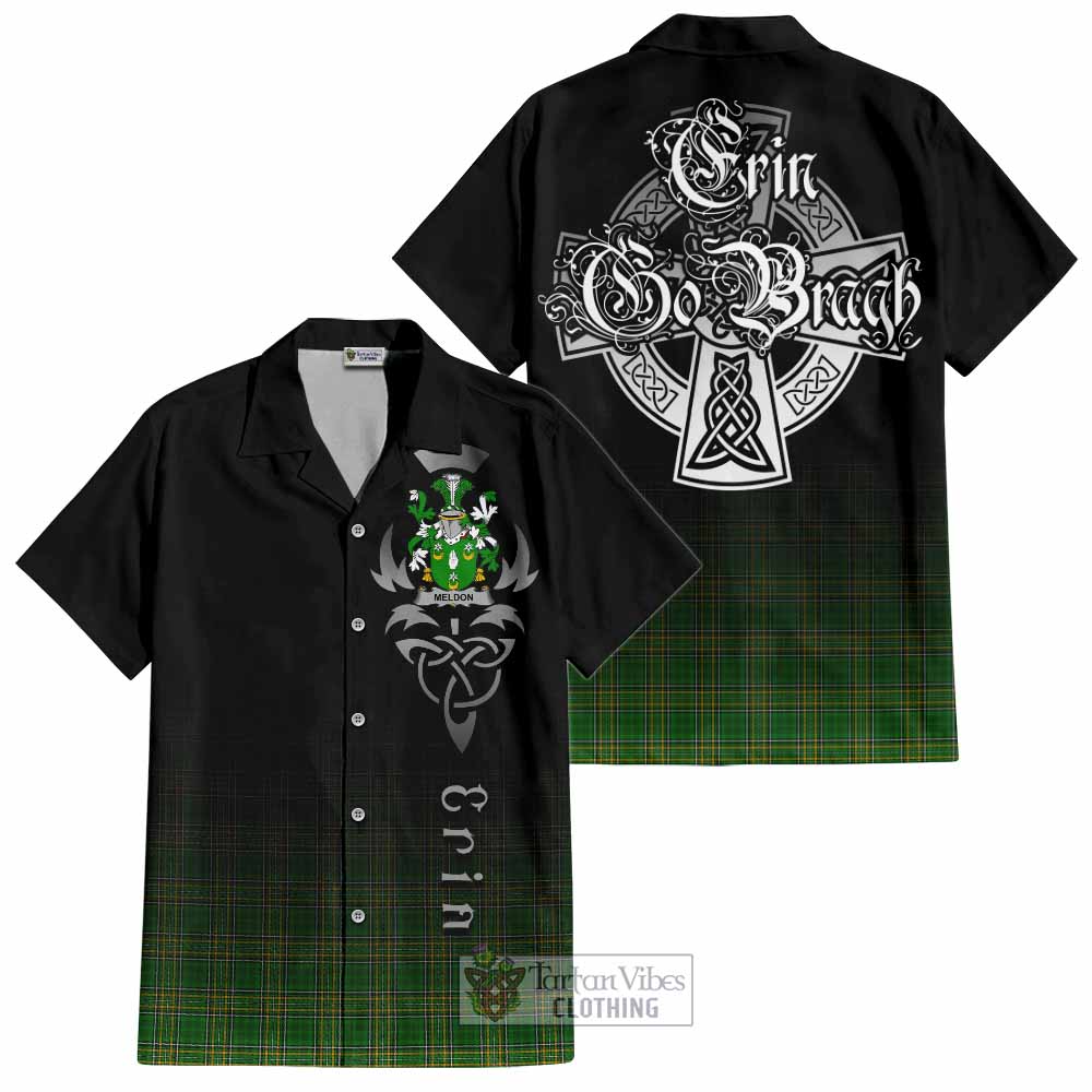 Tartan Vibes Clothing Meldon Irish Clan Short Sleeve Button Shirt with Coat of Arms Erin Go Bragh Celtic Inspired