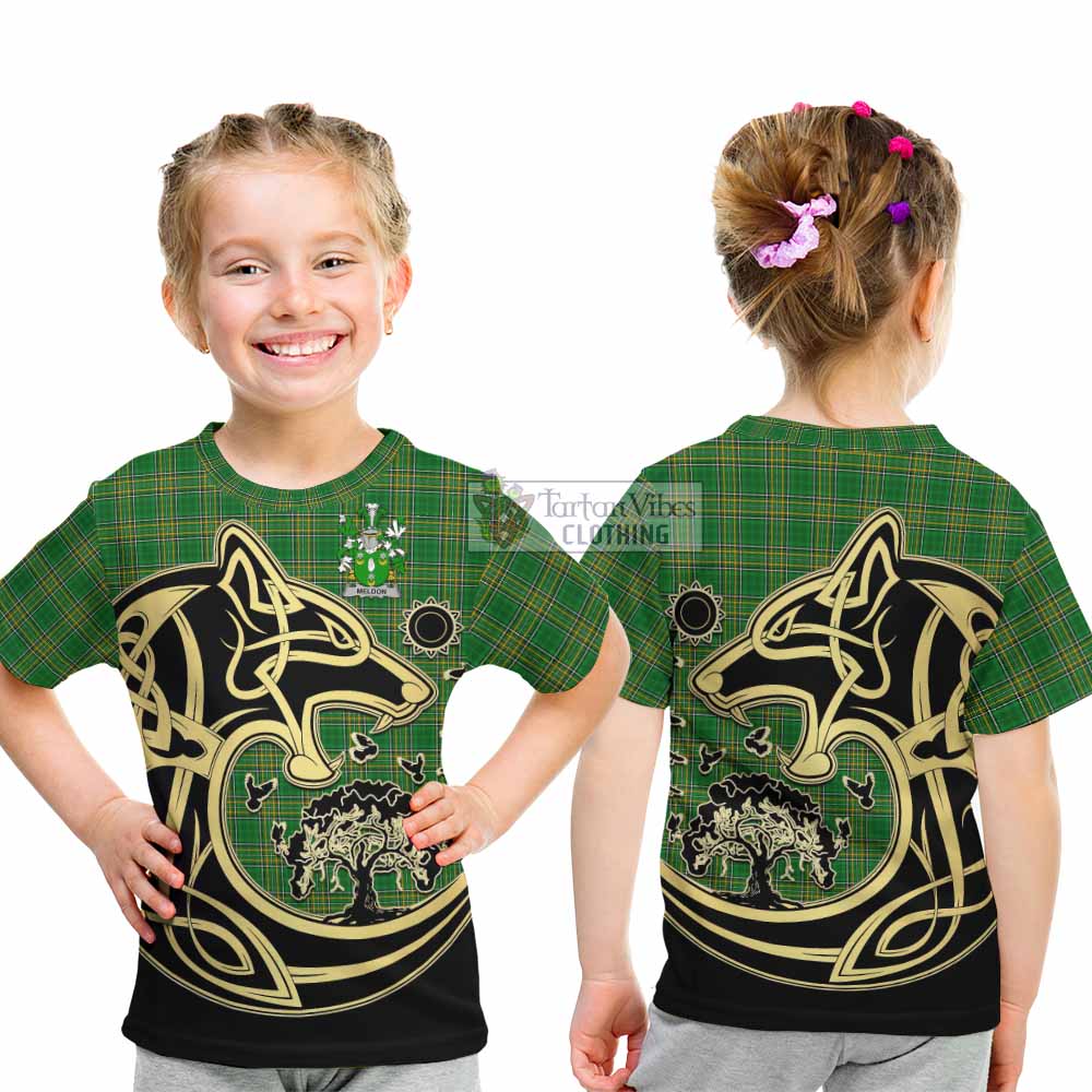 Meldon Irish Tartan Kid T-Shirt with Coat of Arms Celtic Wolf Style - Tartan Vibes Clothing