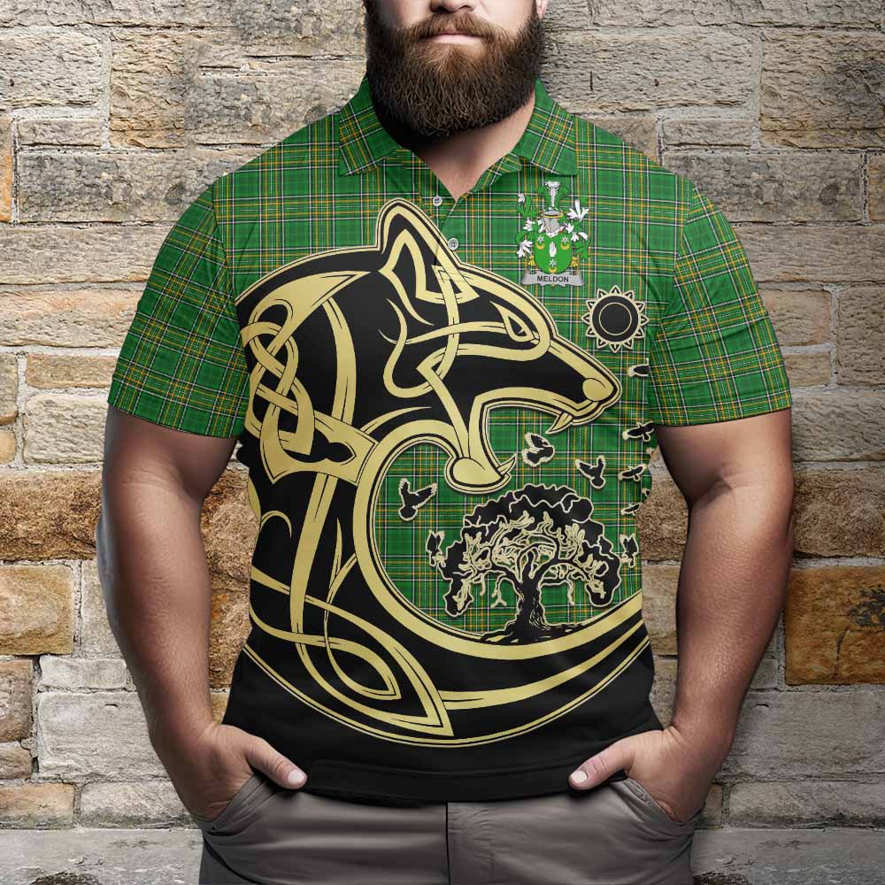 Tartan Vibes Clothing Meldon Irish Tartan Polo Shirt with Coat of Arms Celtic Wolf Style