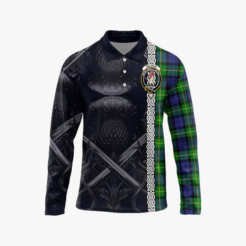 Meldrum Tartan Long Sleeve Polo Shirt with Family Crest Cross Sword Thistle Celtic Vibes Unisex - Tartan Vibes Clothing