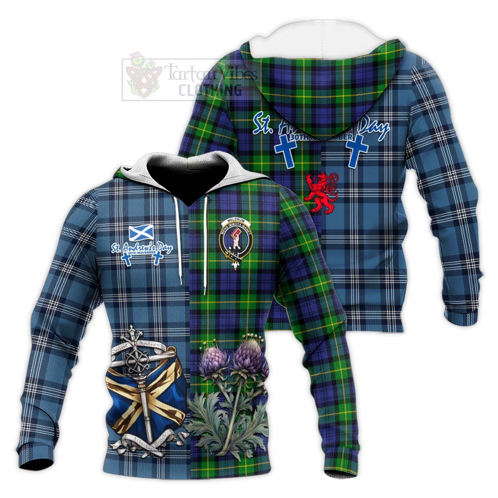 Meldrum Tartan Knitted Hoodie Happy St. Andrew's Day Half Tartan Style Unisex Knitted Pullover Hoodie - Tartan Vibes Clothing