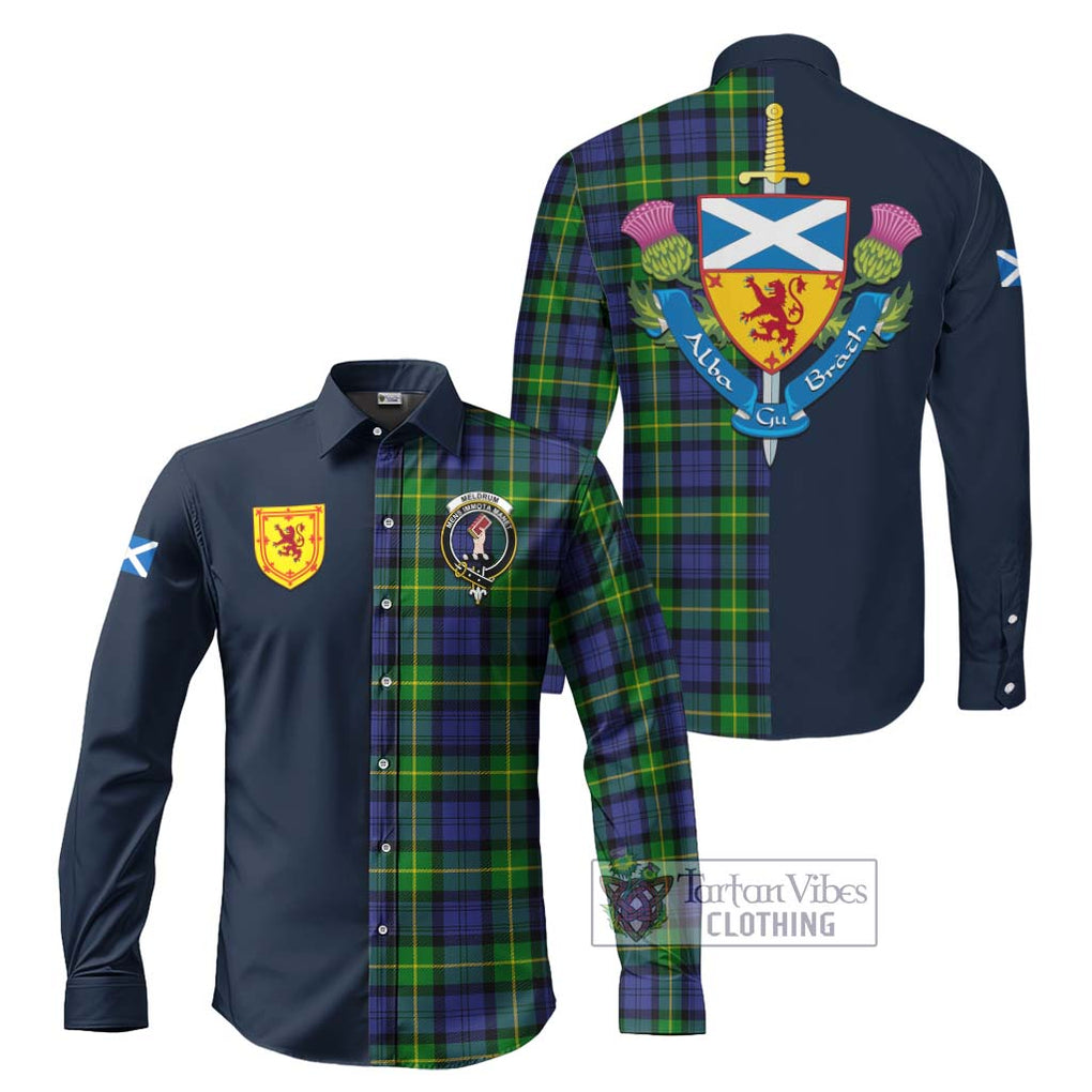 Meldrum Tartan Long Sleeve Button Shirt Alba with Scottish Lion Royal Arm Half Style Men's Shirt S - Tartan Vibes Clothing