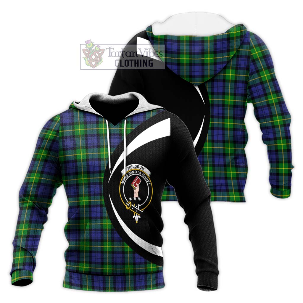 Meldrum Tartan Knitted Hoodie with Family Crest Circle Style Unisex Knitted Pullover Hoodie - Tartan Vibes Clothing