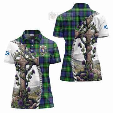 Meldrum Tartan Women's Polo Shirt with Family Crest and St. Andrew's Cross Accented by Thistle Vines Women - Tartan Vibes Clothing