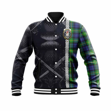 Meldrum Tartan Baseball Jacket with Family Crest Cross Sword Thistle Celtic Vibes Unisex - Tartan Vibes Clothing
