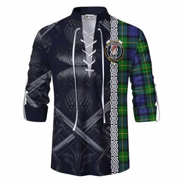Meldrum Tartan Ghillie Kilt Shirt with Family Crest Cross Sword Thistle Celtic Vibes Men - Tartan Vibes Clothing