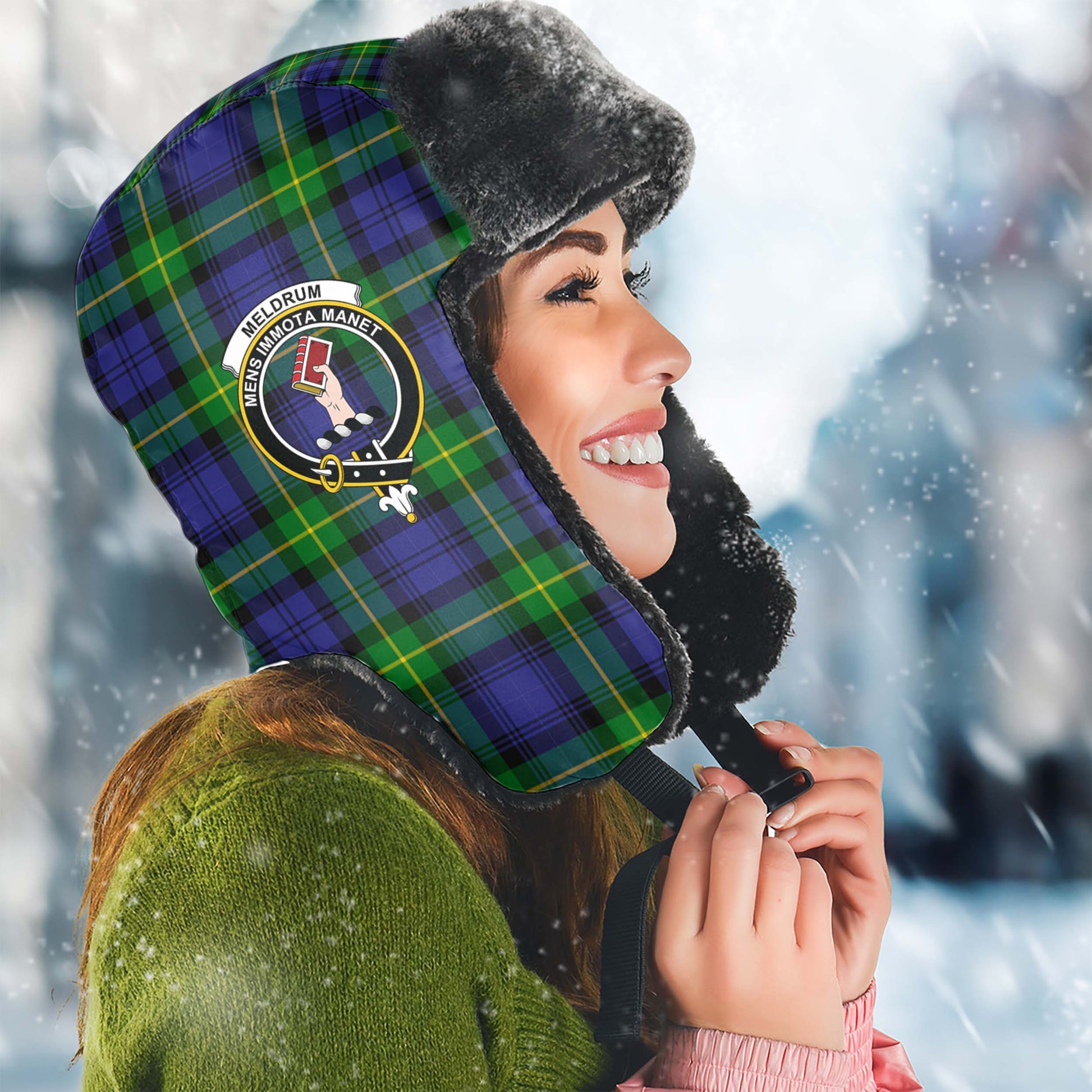 Meldrum Tartan Winter Trapper Hat with Family Crest Winter Trapper Hat Universal Fit Circumference 22.8in (58cm) - Tartan Vibes Clothing
