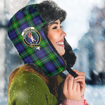 Meldrum Tartan Winter Trapper Hat with Family Crest Winter Trapper Hat Universal Fit Circumference 22.8in (58cm) - Tartan Vibes Clothing