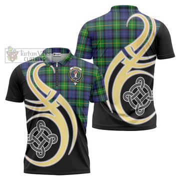 Meldrum Tartan Zipper Polo Shirt with Family Crest and Celtic Symbol Style Unisex - Tartan Vibes Clothing