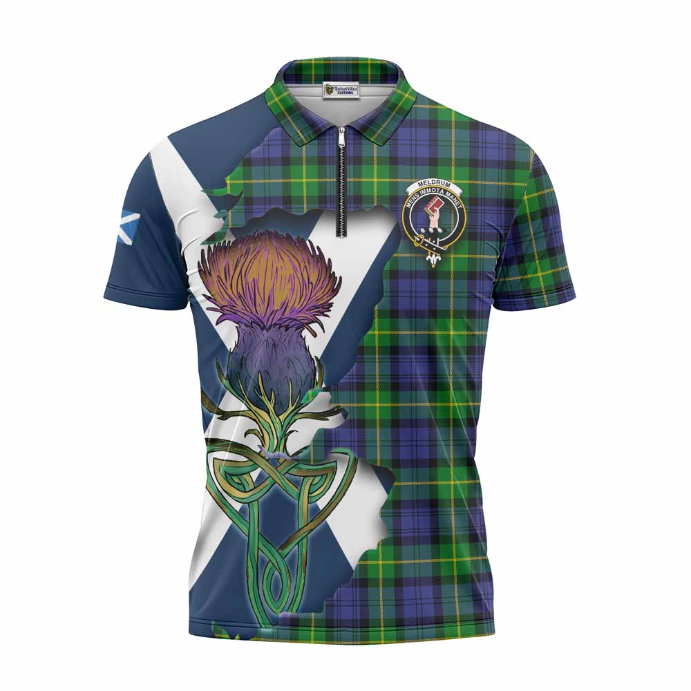 Meldrum Tartan Family Crest Zipper Polo Shirt Scottish Thistle Celtic Inspired Unisex - Tartan Vibes Clothing