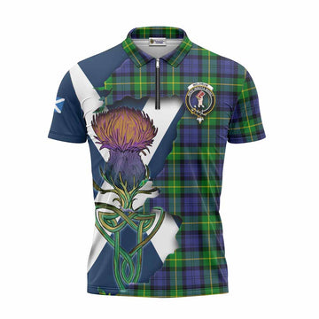 Meldrum Tartan Family Crest Zipper Polo Shirt Scottish Thistle Celtic Inspired Unisex - Tartan Vibes Clothing
