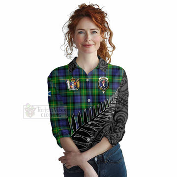 Meldrum Crest Tartan Women's Casual Shirt with New Zealand Silver Fern Half Style Female - Tartan Vibes Clothing