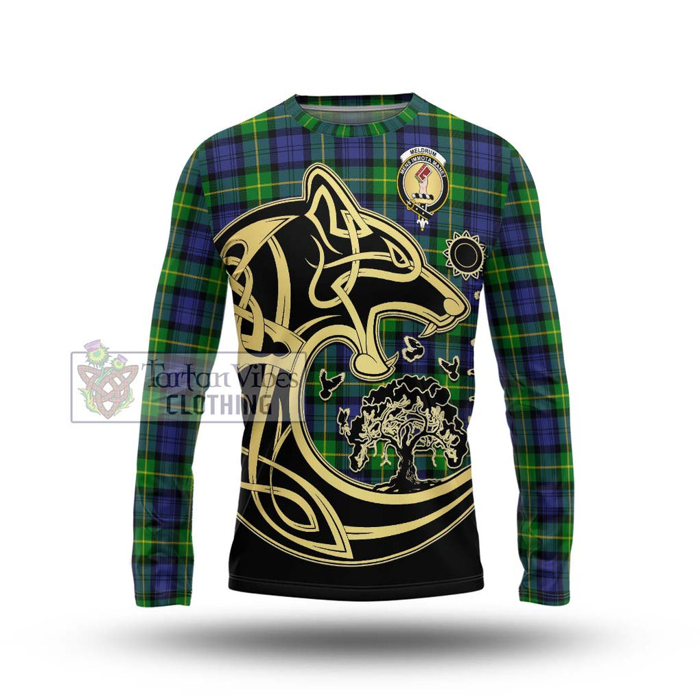 Meldrum Tartan Long Sleeve T-Shirt with Family Crest Celtic Wolf Style Unisex - Tartan Vibes Clothing