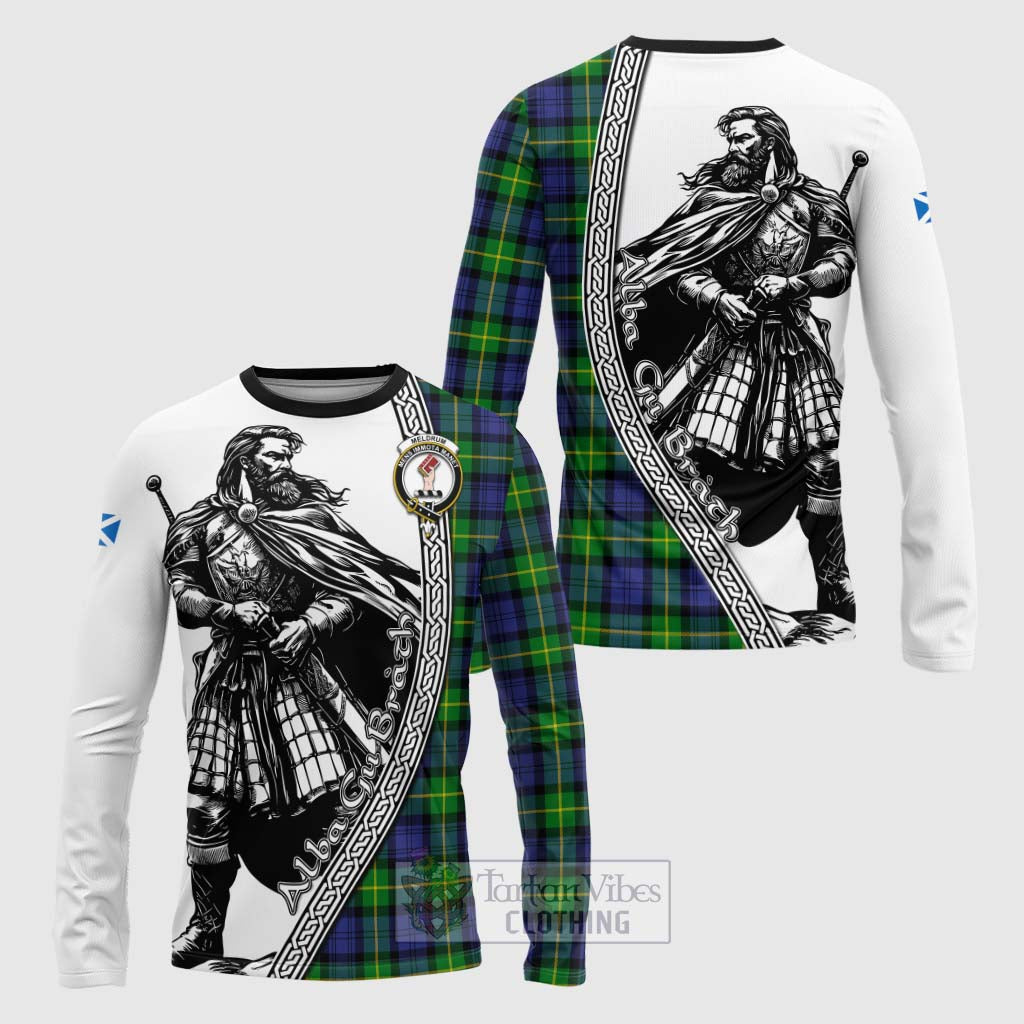 Meldrum Tartan Clan Crest Long Sleeve T-Shirt with Highlander Warrior Celtic Style Unisex - Tartan Vibes Clothing
